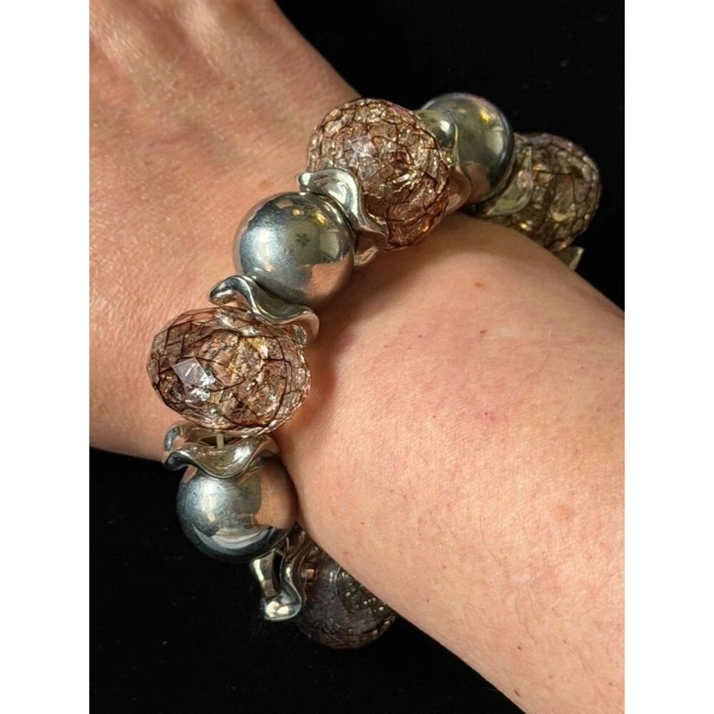 Oversized Crackle Glass Bead Stretch Bracelet, Champagne
